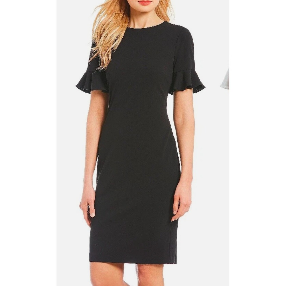 Calvin‎ Klein Womens 2 LBD Exquisite Black Short Flutter Sleeves Sheath Dress